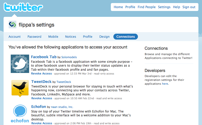 Twitter Connections Settings